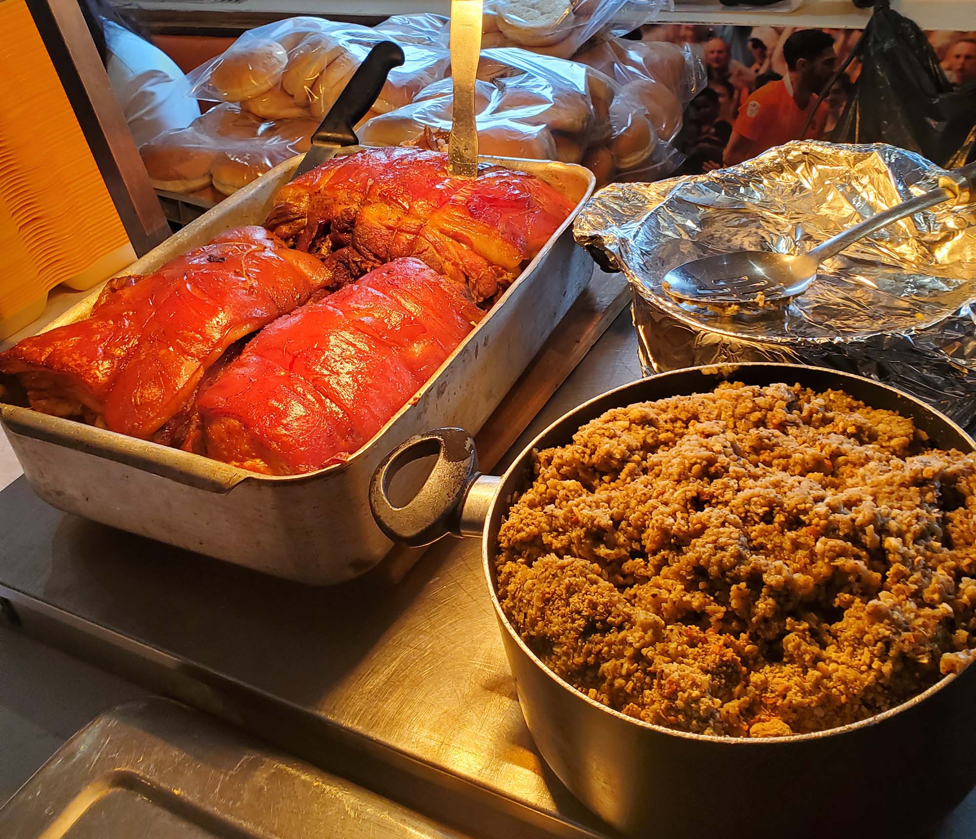 joints of meat and stuffing ready to be served at a carvery
